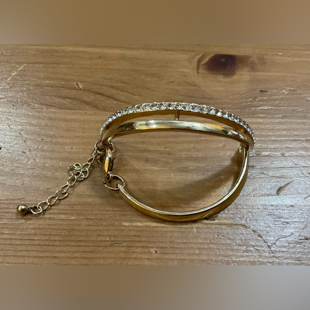 Gold plated/toned enamel hinged bangle adjustable link chain withstones bracelet